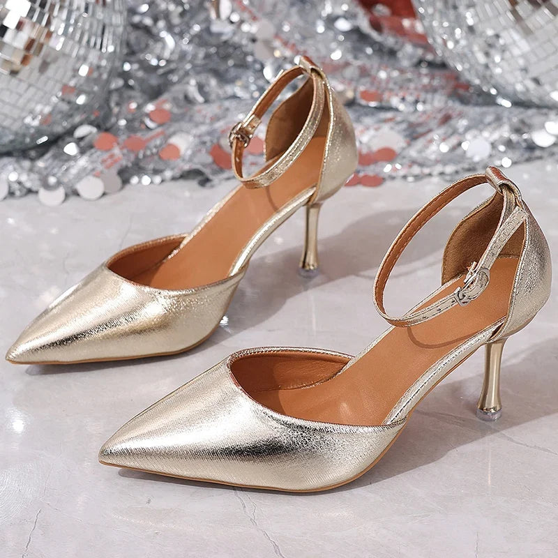 Fashion Gold Pointed Toe Thin Heel Pumps Women 2025 Plus Size 35-42 Ankle Bukle Pumps Woman Party Wedding High Heel Shoes Female
