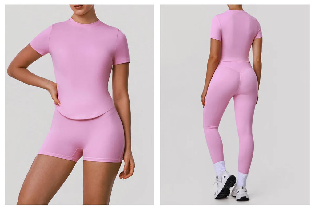 2 Pieces Sportswear Women Yoga Shorts Set Short Sleeve Sports T Shirts High Waist Hip Lifting Running Leggings Fitness Outfits