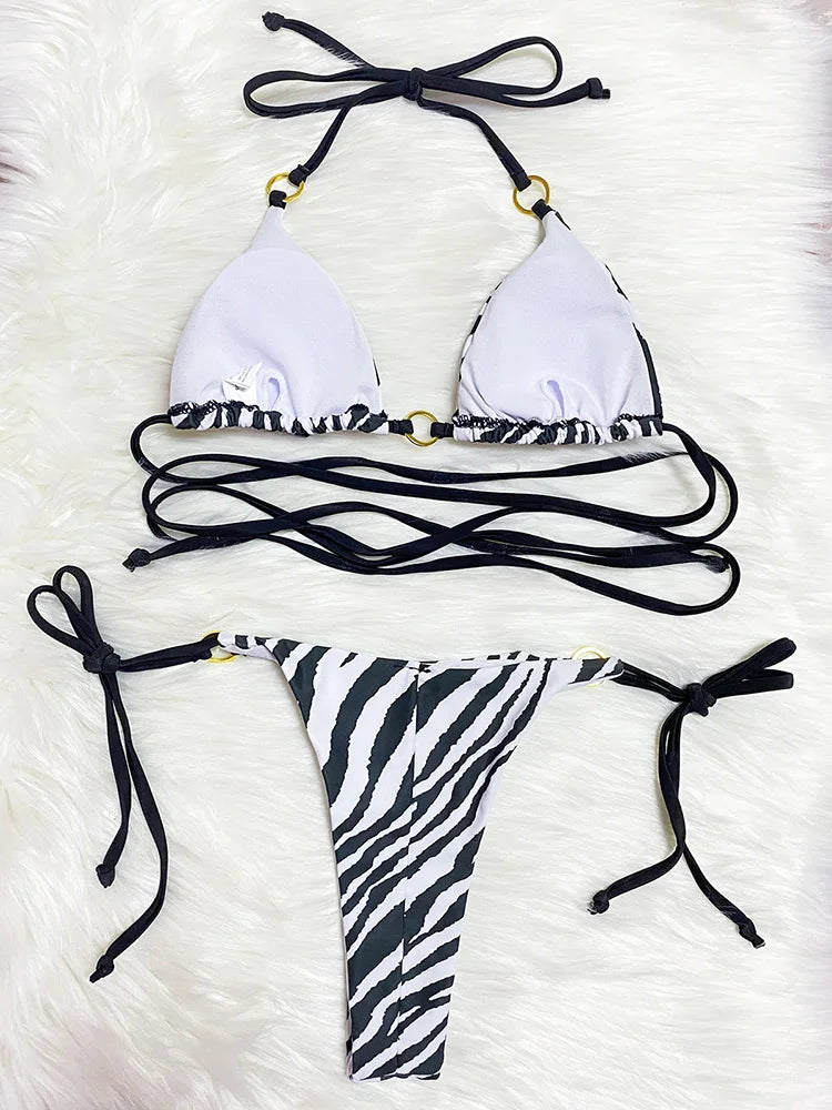 Zebra Leopard Wrap Around Halter Micro Mini Bikini Women Swimwear Female Swimsuit Two-pieces Bikini set Bather Bathing Suit Swim