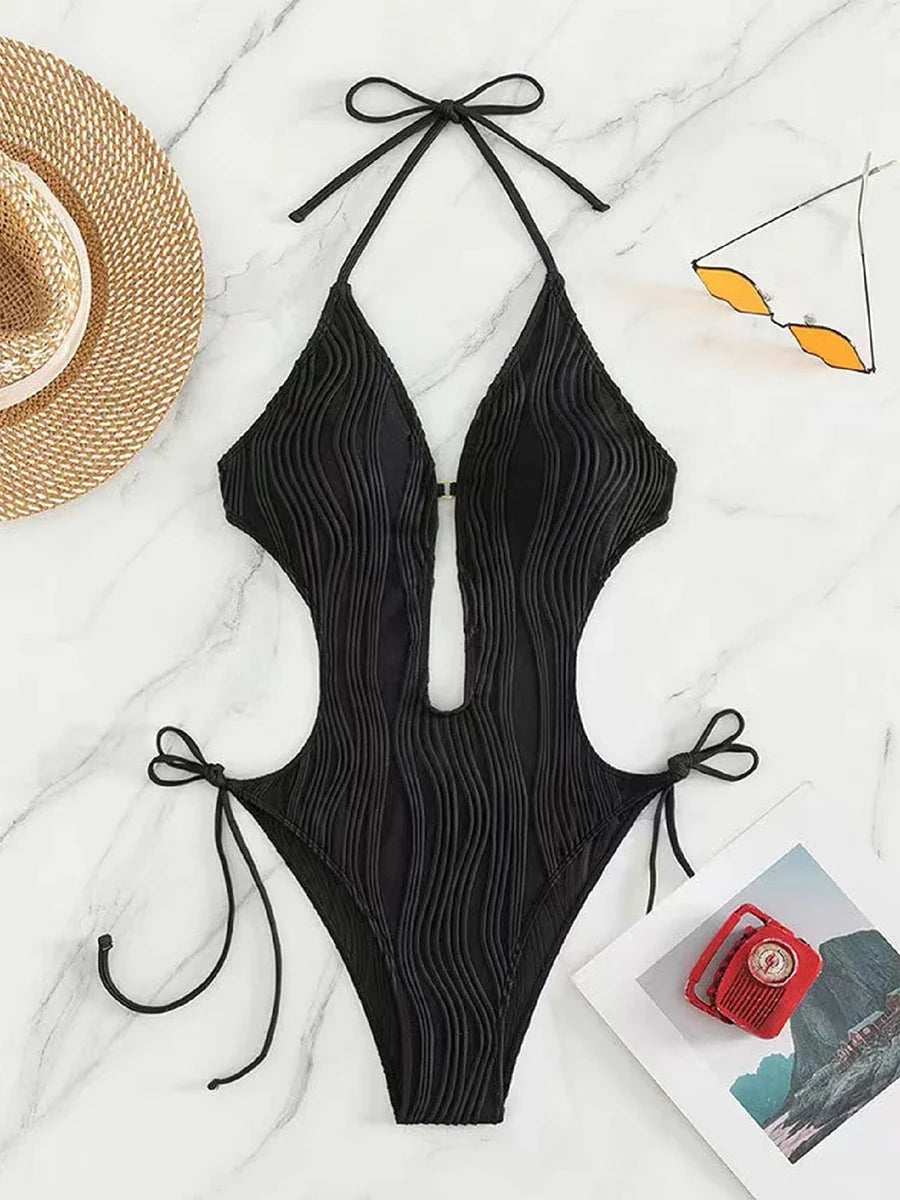 Monokini 2026 Drawstring Swimsuit One Piece Sexy Solid Hollow Swimwear Women Bathing Swimming Swim Suit Padded Beachwear Summer