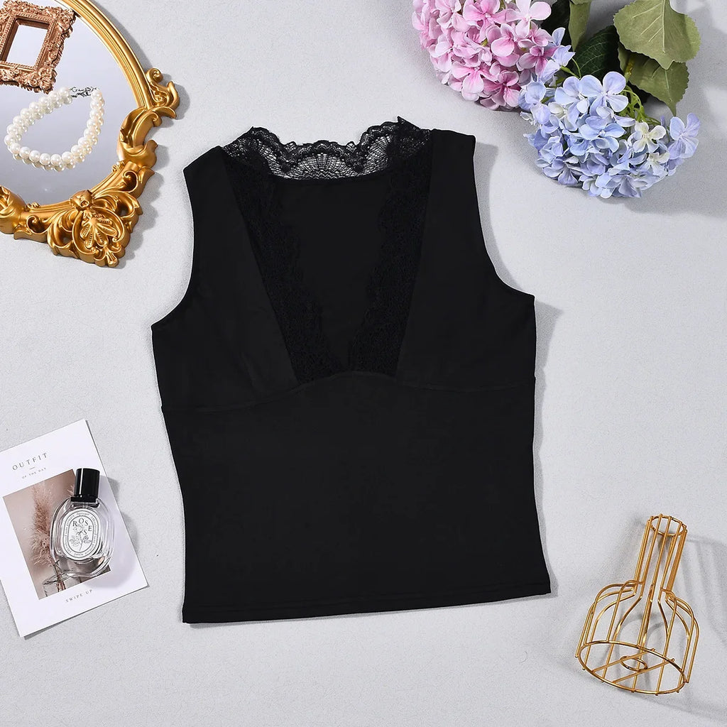 2026 Spring Summer New Arrival Elegant Sleeveless Women's Short Top Chic Fitted Lace-Panel Deep V-Neck Crop Tank Top Commute