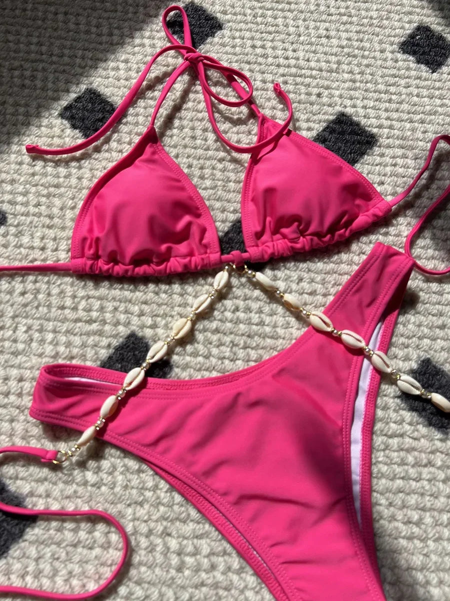 Halter Wrap Around Shell Decorated Bikini Women Swimwear Female Swimsuit Two Pieces Bikini Set Bathing Swimming Swim Suit Swim