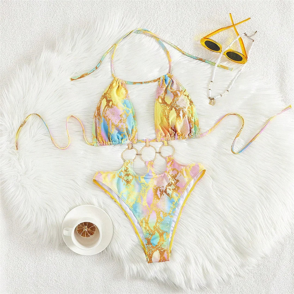 S - XL Printed Halter Metal Rings One Piece Swimsuit Women Swimwear Female Monokini High Leg Cut Bather Bathing Suit Swim V7721