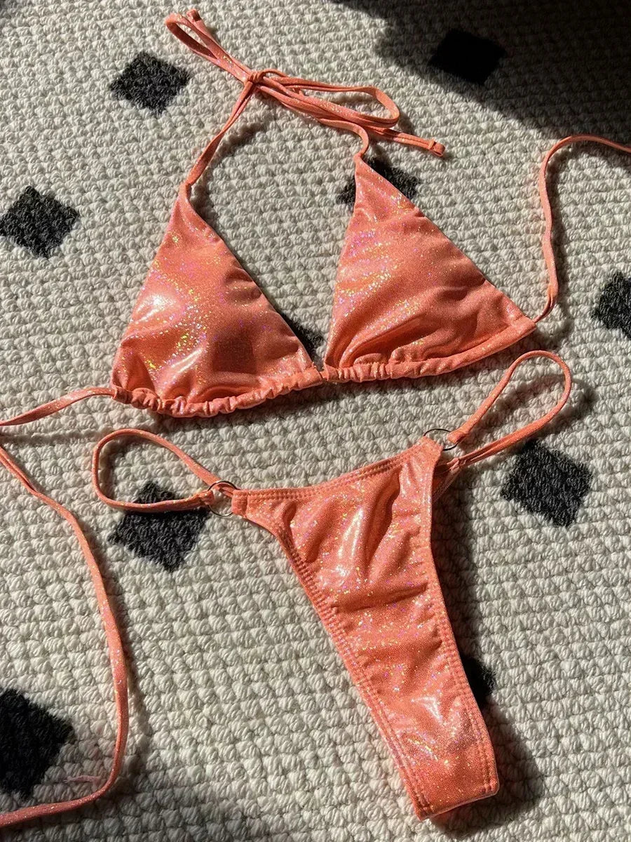 Halter Shiny PU Faux Leather Bikini Female Swimsuit Women Swimwear Two-piece Bikini Set Mini Micro Thong Bathing Suit Swim Lady