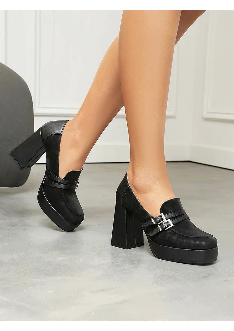 Square Toe Platform Double-Layer Buckle Shallow Sleeve Office Pumps Ultra-High Thick Heel Breathable High Heels