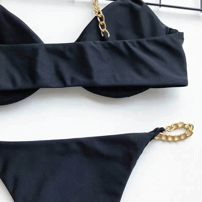 Sexy Metal Chains String High Cut One Piece Swimsuit Women Swimwear Female Monokini Tummy Cut Out Bathing Suit Swim Beach Wear