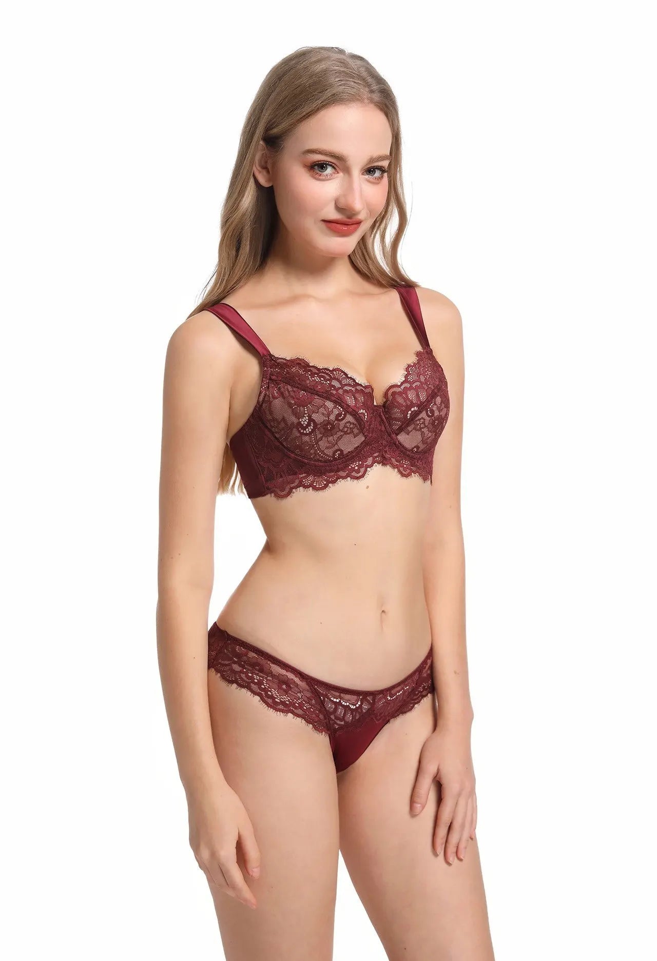 Französische Spitzen Büstenhalter Set Damen Sexy Tiefe V-Ausschnitt U-Rücken Große Oberweite Stützend Minimizer Sommer Neuheit