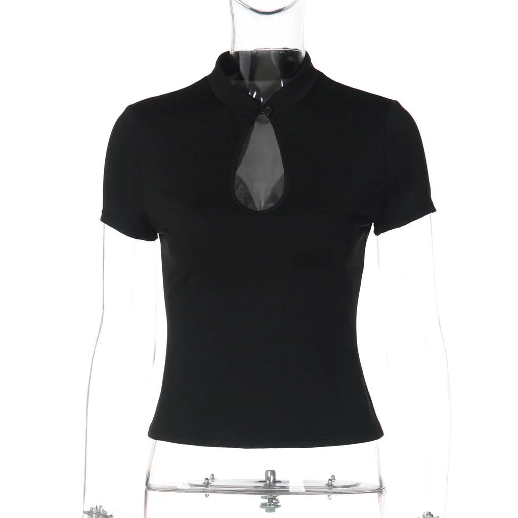 FDYOUI Fashion Stand Collar Button Hollow Out T-shirt for Women 2026 Sexy Short Sleeve Slim Cropped T Shirts Black Wine Red Tops