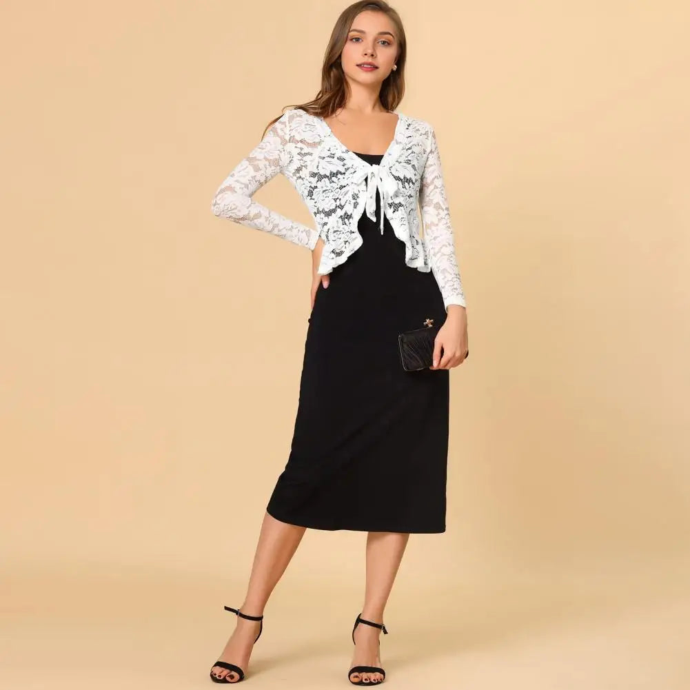 Lace Bolero for Women Tie Front Ruffle Hem Cardigan Long Sleeve Cover Up Jacket Formal Office Sheer Crop Shrug