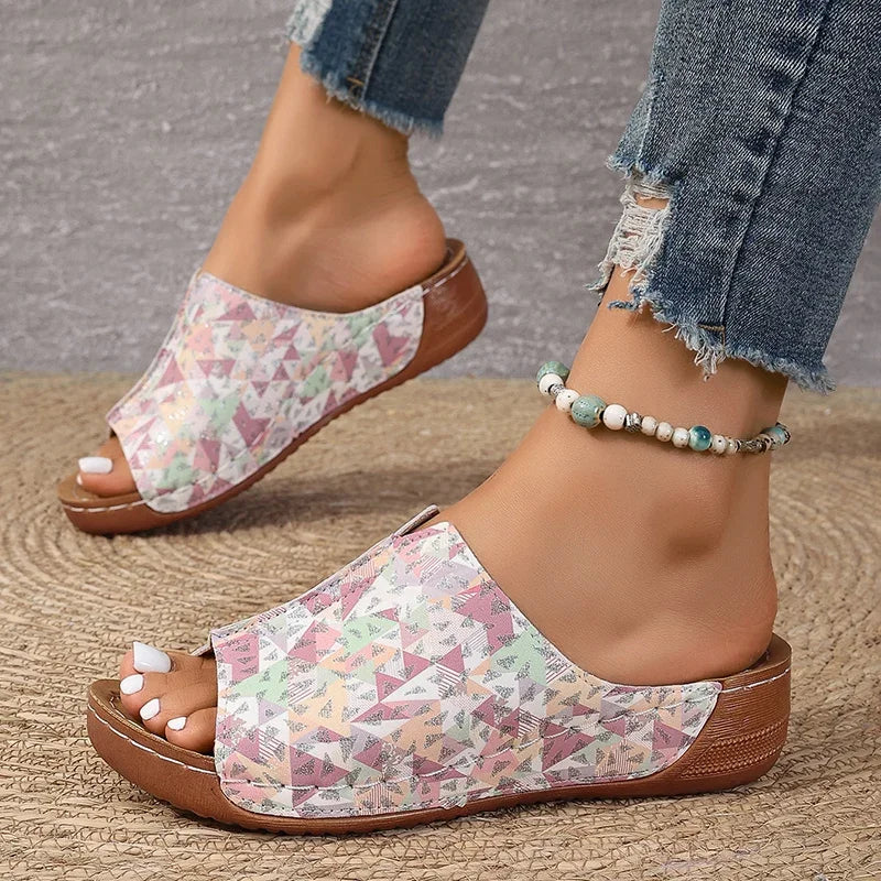 Mix Color Med Heels Slippers Women 2025 Summer Pu Leather Thick Platform Sandals Woman Lightweight Open Toe Non-Slip Flip Flops