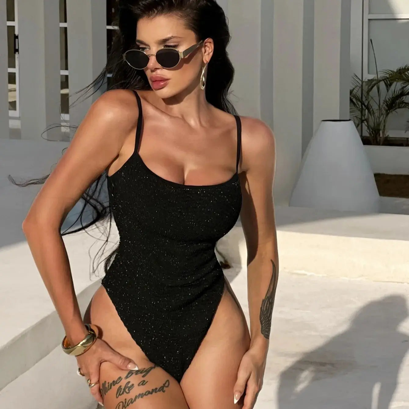 DEKA Black One Piece Swimsuit Women Solid Swimwear Adjustable Straps Bathing Suit Bodysuit Backless Beach monokini