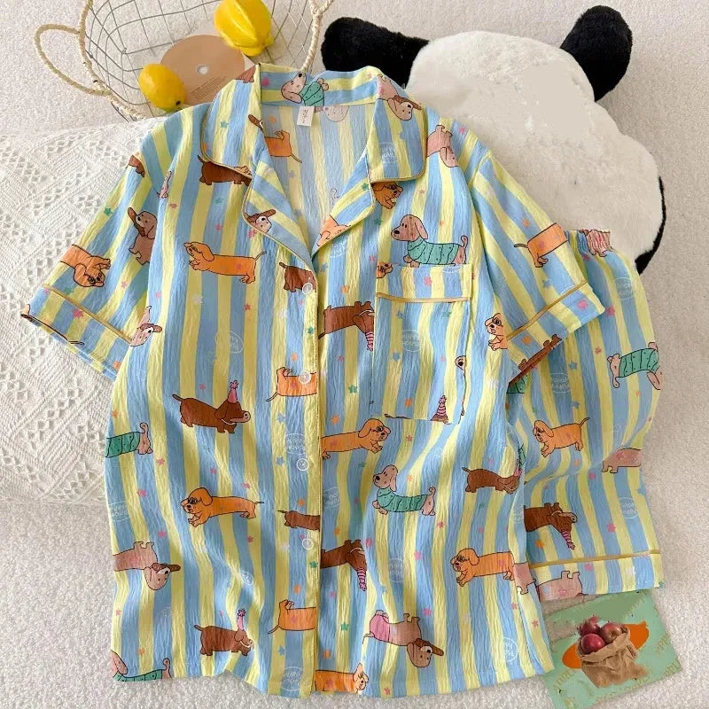 Star Striped Dog Print Kawaii Pajamas for Women Y2K Fashion Lapel Neck Women's Pajamas Summer New Sweet Cute Home Wear Woman