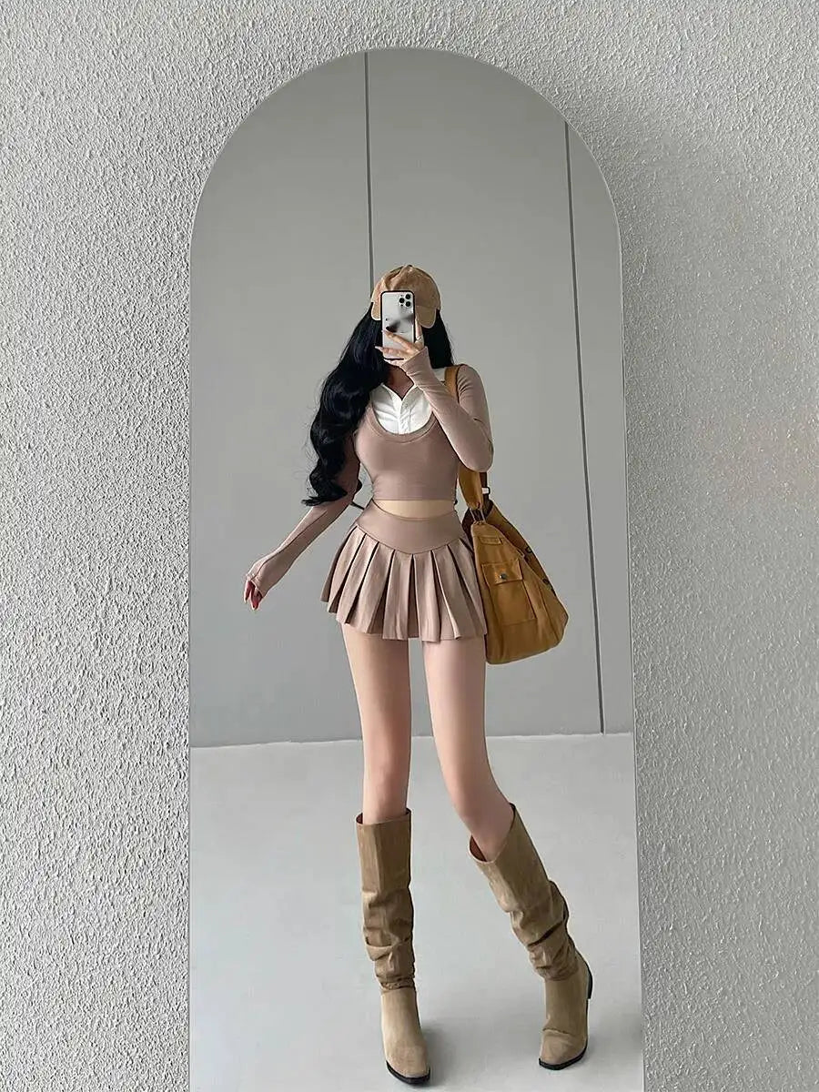 WOMENGAGA Fahsion Women Skorts Spicy Girl Sexy High Waist SlimA-LINE Pleated Skirt Half Body Short Skirt Sweet Korean Style 8NDZ