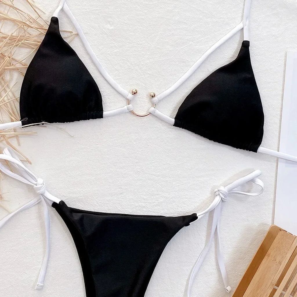 2026 Sexy Bikini Women Swimwear Swimsuit Black Triangle Hollow Halter Knotted Beach Bikinis Set Bathing Suit Metal Ring Decor