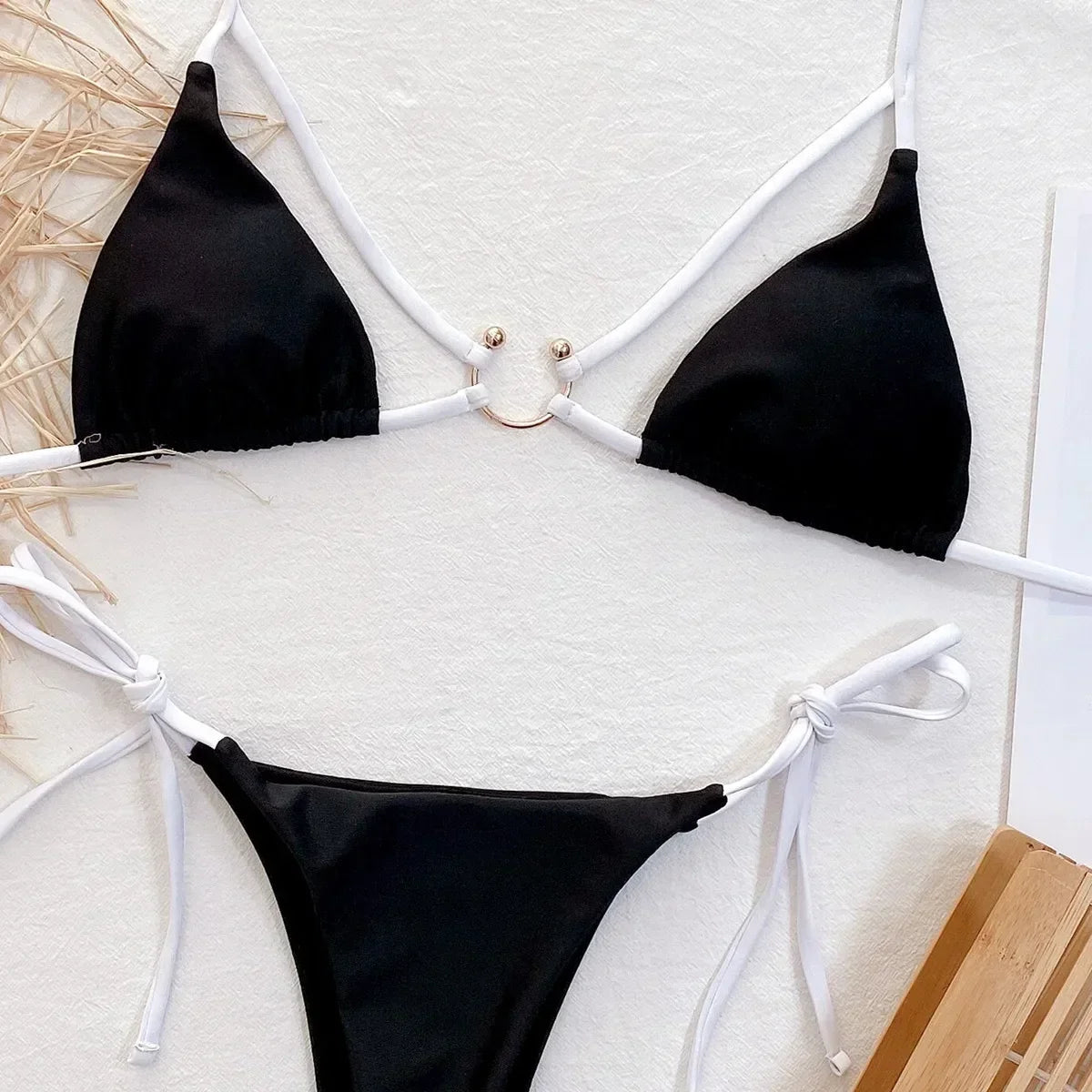 2026 Sexy Bikini Women Swimwear Swimsuit Black Triangle Hollow Halter Knotted Beach Bikinis Set Bathing Suit Metal Ring Decor