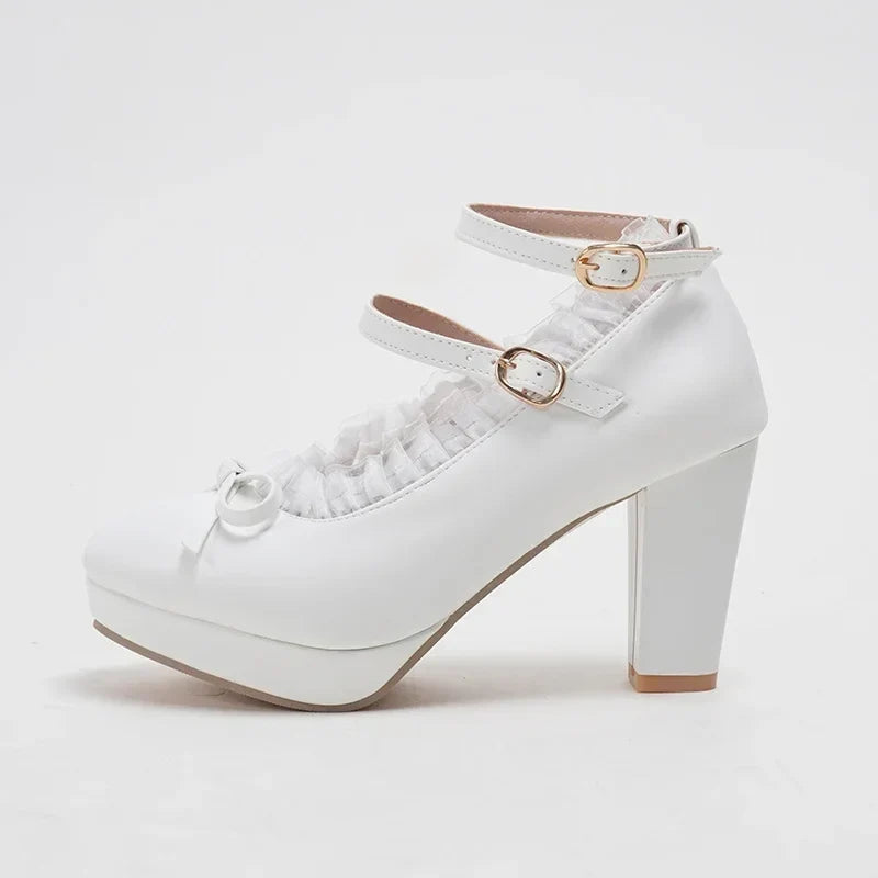 Women's Sweet Cute Lace Bow Lolita Platform High Heels, White Pumps Wedding Party Dress Shoes, Big Sizes 33-48