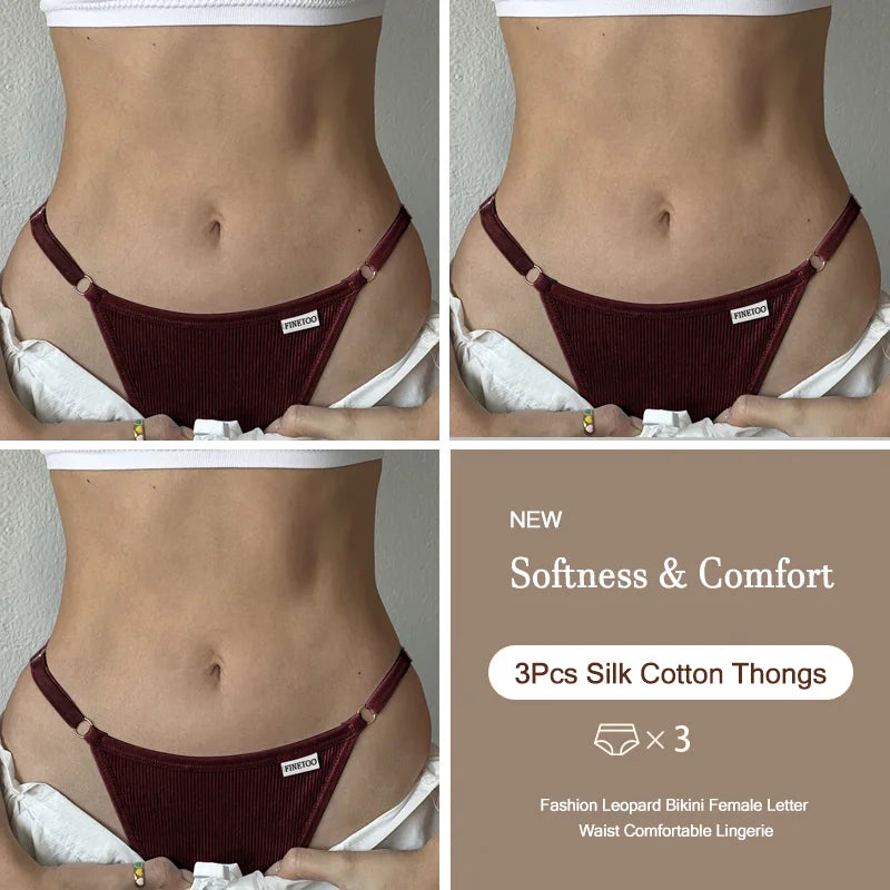 3PCS Women's Panties Cotton Thongs Adjustable Waist Sexy G-String Solid Color Seamless Intimate Female Underpants Lingerie S-XL