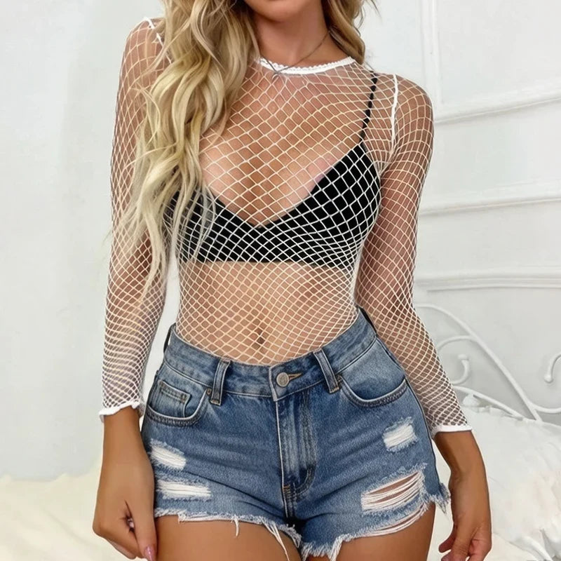 1PC Women Sexy Fishnet Beach Cover Up Long Sleeves Hollow Out Bodycon Dress See Through Summer Swimwear