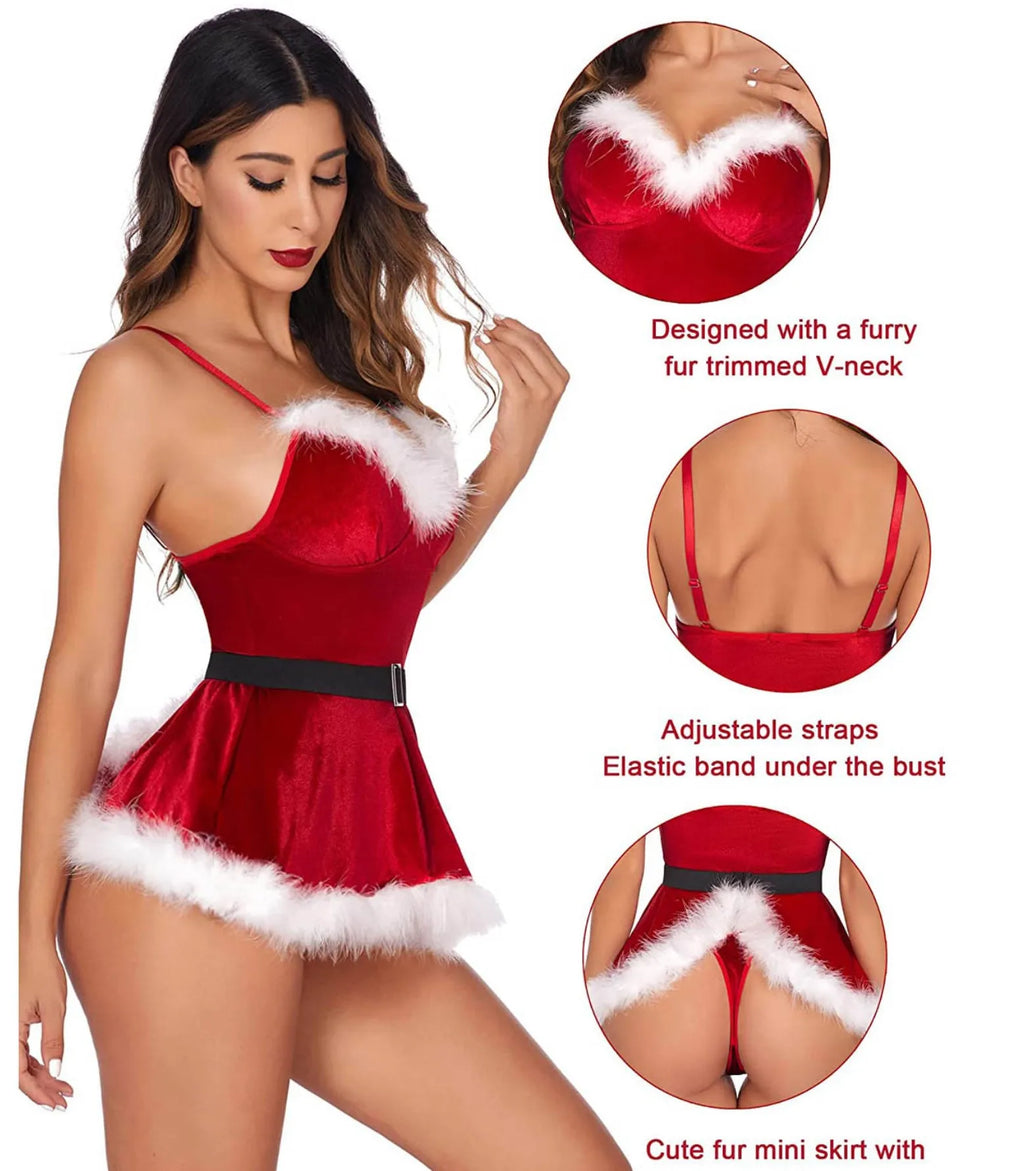 Women's Sexy Nightgown Santa Claus Cosplay Costume Floral Lace Belted Furry Sleep Dress With Thong Lingerie.