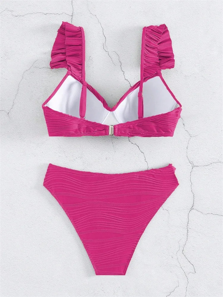 Wrinkled Ruffle Frilled Bra Cup Bikinis 2026 Female Swimsuit Women Swimwear Two Pieces Bikini Set Push Up Beachwear Bathing Suit