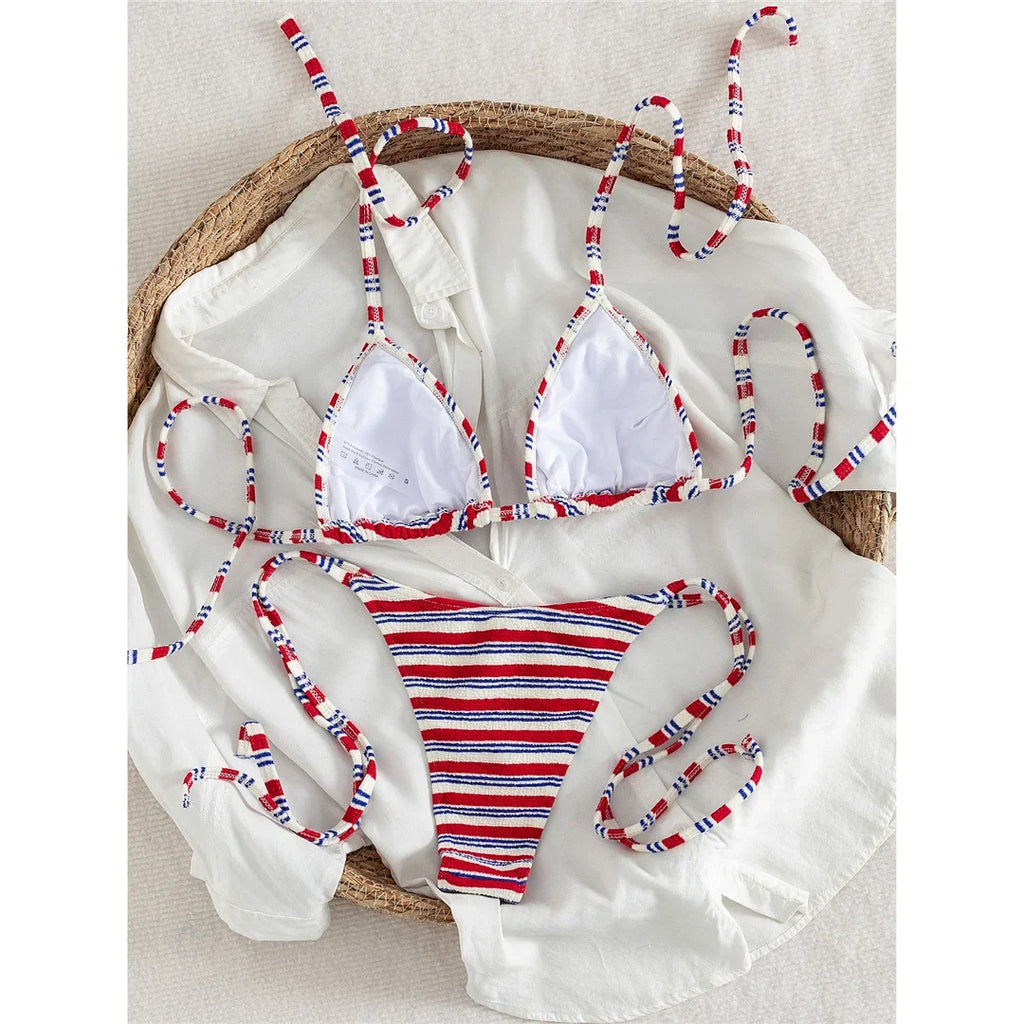 S - XL Striped Halter Bikini Women Swimwear Female Swimsuit High Cut Leg Bather Bathing Suit Swim Two-pieces Bikini set K8043