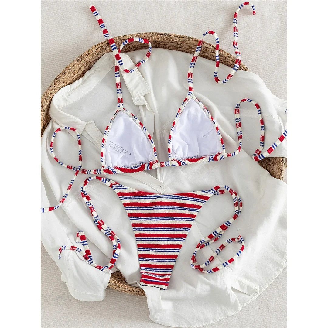 S - XL Striped Halter Bikini Women Swimwear Female Swimsuit High Cut Leg Bather Bathing Suit Swim Two-pieces Bikini set K8043