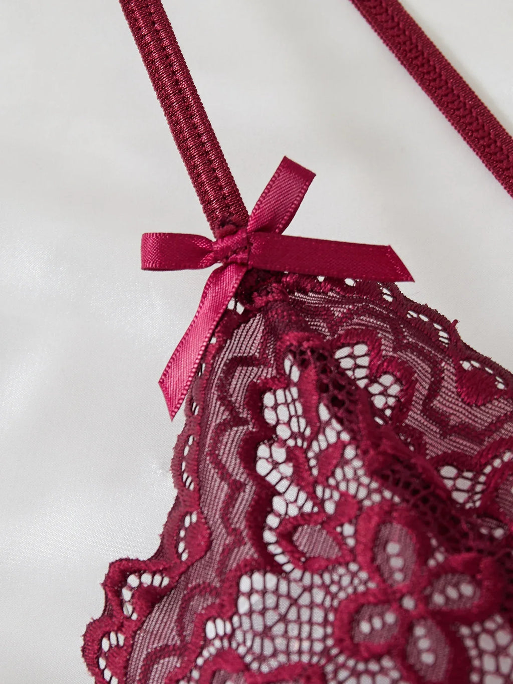 Date-specific Deep V cut WineRed lace one-piece dress. Lightweight sheer cross-strapped women's sexy lingerie set.
