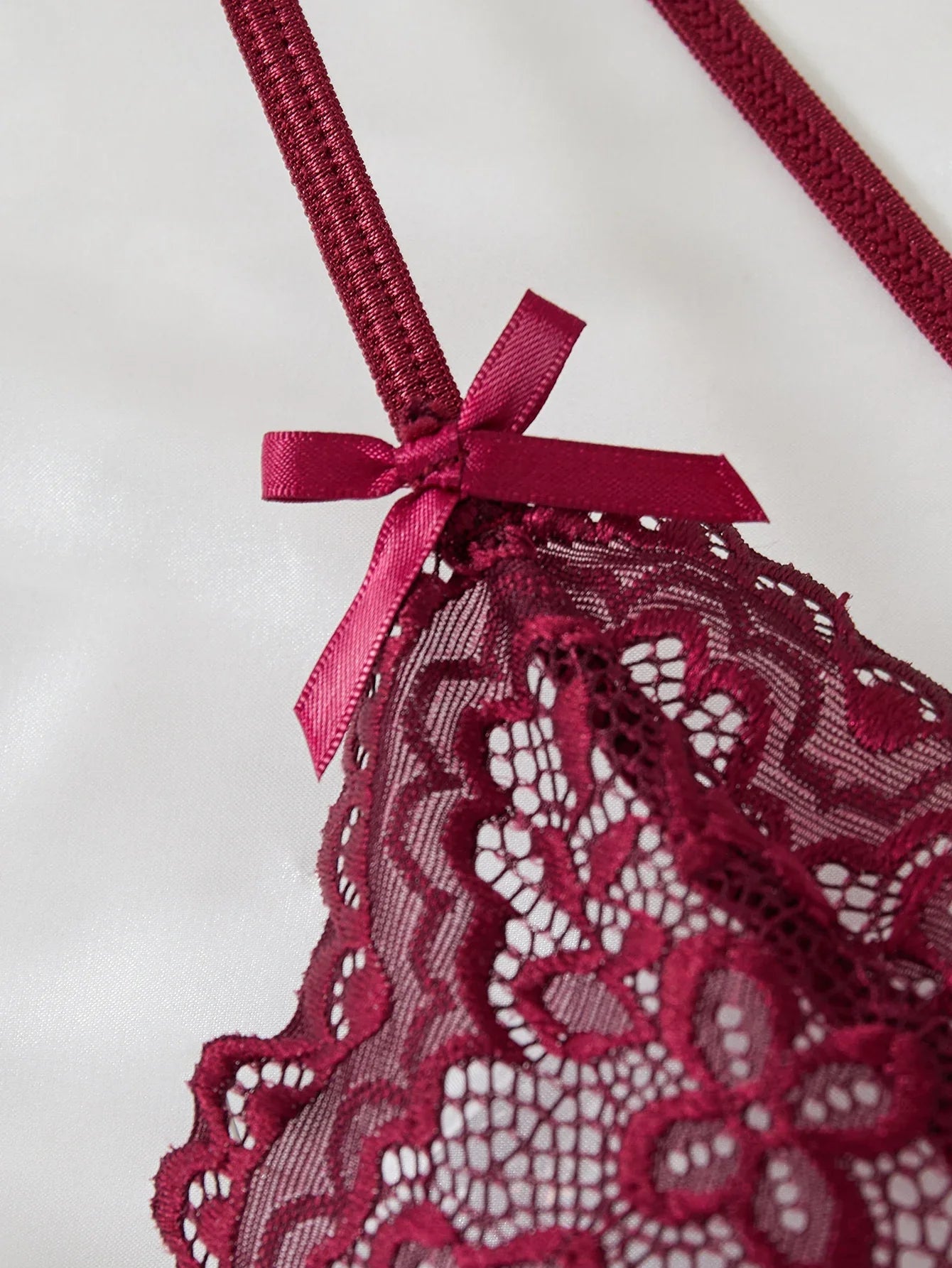 Date-specific Deep V cut WineRed lace one-piece dress. Lightweight sheer cross-strapped women's sexy lingerie set.
