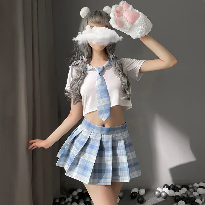 Japanese Sweet Plaid Cheerleading School Girl Cosplay Student Uniform Role Play Sexy Costume Sex Lingerie for Women