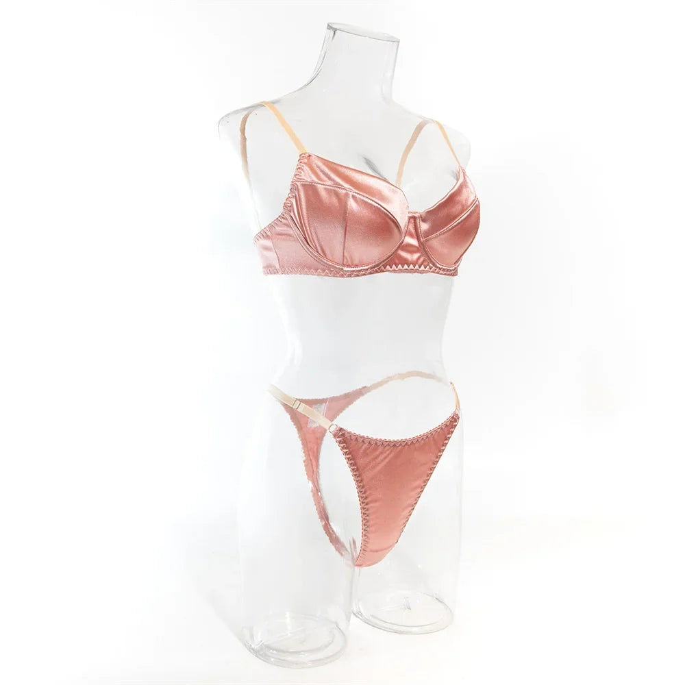 2 Pcs Sexy Bra Set Women Underwear Underwire Push Up Satin Patchwork Bras and Thongs Suits Attractive Bilizna Intimate Set