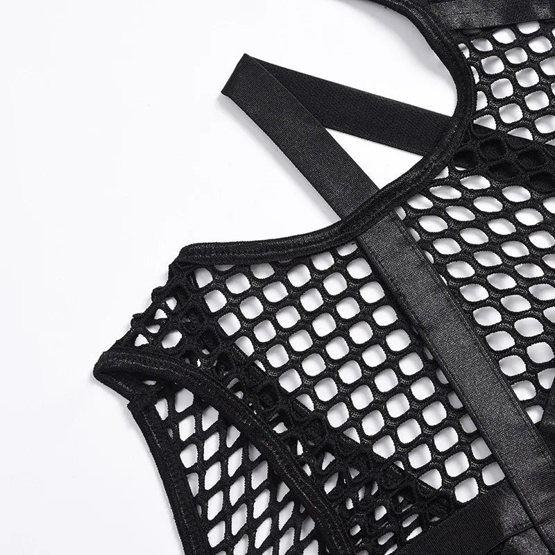 Toucheart Erotic Halter Bodysuit Large Mesh Splicing Andheavy Craftsmanship Women Hollow Seductive Intimate Hot Private Bodysuit