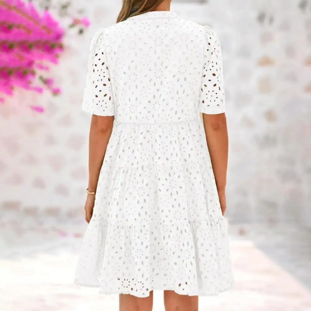 Casual Short Sleeve V-neck Midi Dress Women's Hollow Out Eyelet Dress Summer Beach Tiered Flowy A-line Sundress