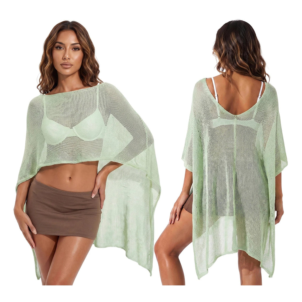 Women Knit Sheer Shawl Poncho Loose Fit Asymmetrical Hem Cape Sweater Summer Boho Casual Beach Cover-ups Knitwear