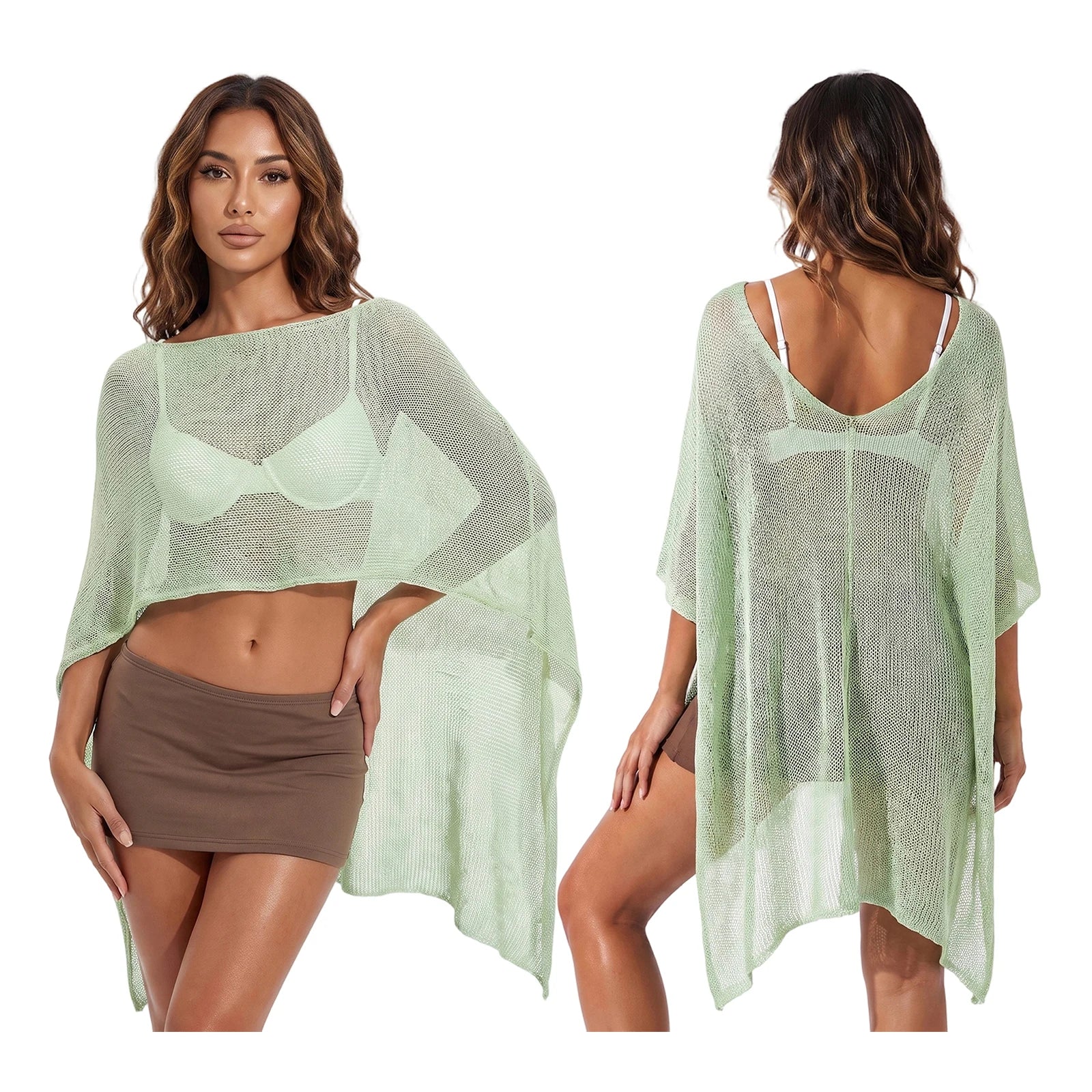 Women Knit Sheer Shawl Poncho Loose Fit Asymmetrical Hem Cape Sweater Summer Boho Casual Beach Cover-ups Knitwear