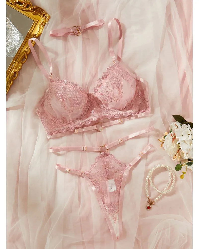Toucheart Sexy Lingerie Comfortable Ultra-Thin Sexy Lace Printing Patchwork Mesh Semi-Transparent Push-Up Pink Underwear Set New