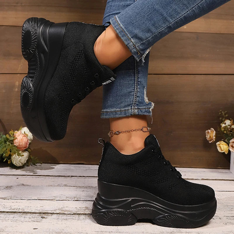 Breathable Mesh Wedges Sneakers for Women Comfortable Lace Up Chunky Platform Sport Shoes Woman Knitted Non Slip Walking Shoes