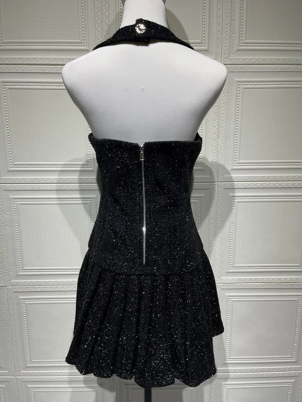 Temperament Elegant Women's Halter Neck Dress Solid Color Braid Fabric Pleated Short Dresses Socialite Commuting Style Vestidos
