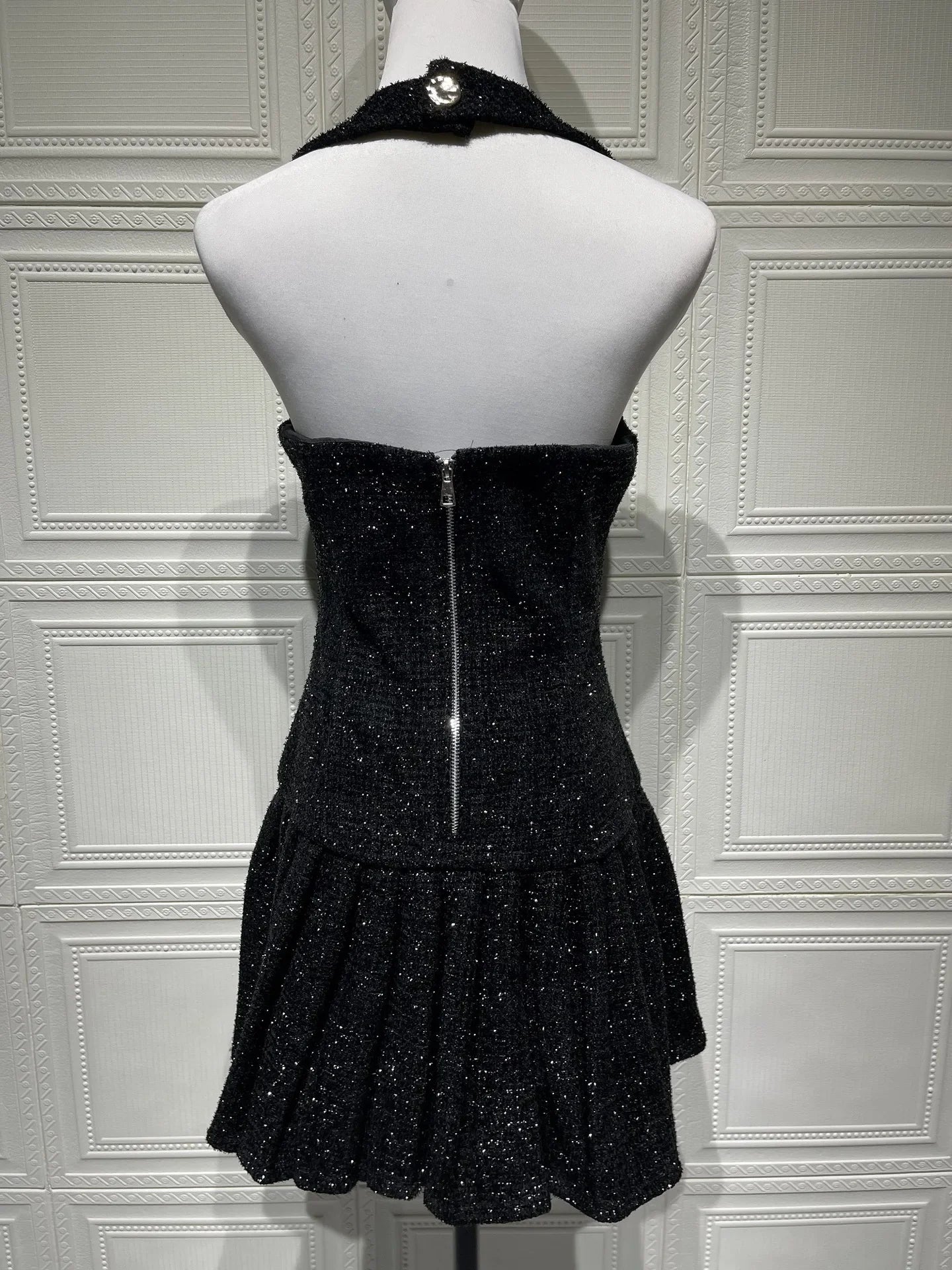 Temperament Elegant Women's Halter Neck Dress Solid Color Braid Fabric Pleated Short Dresses Socialite Commuting Style Vestidos