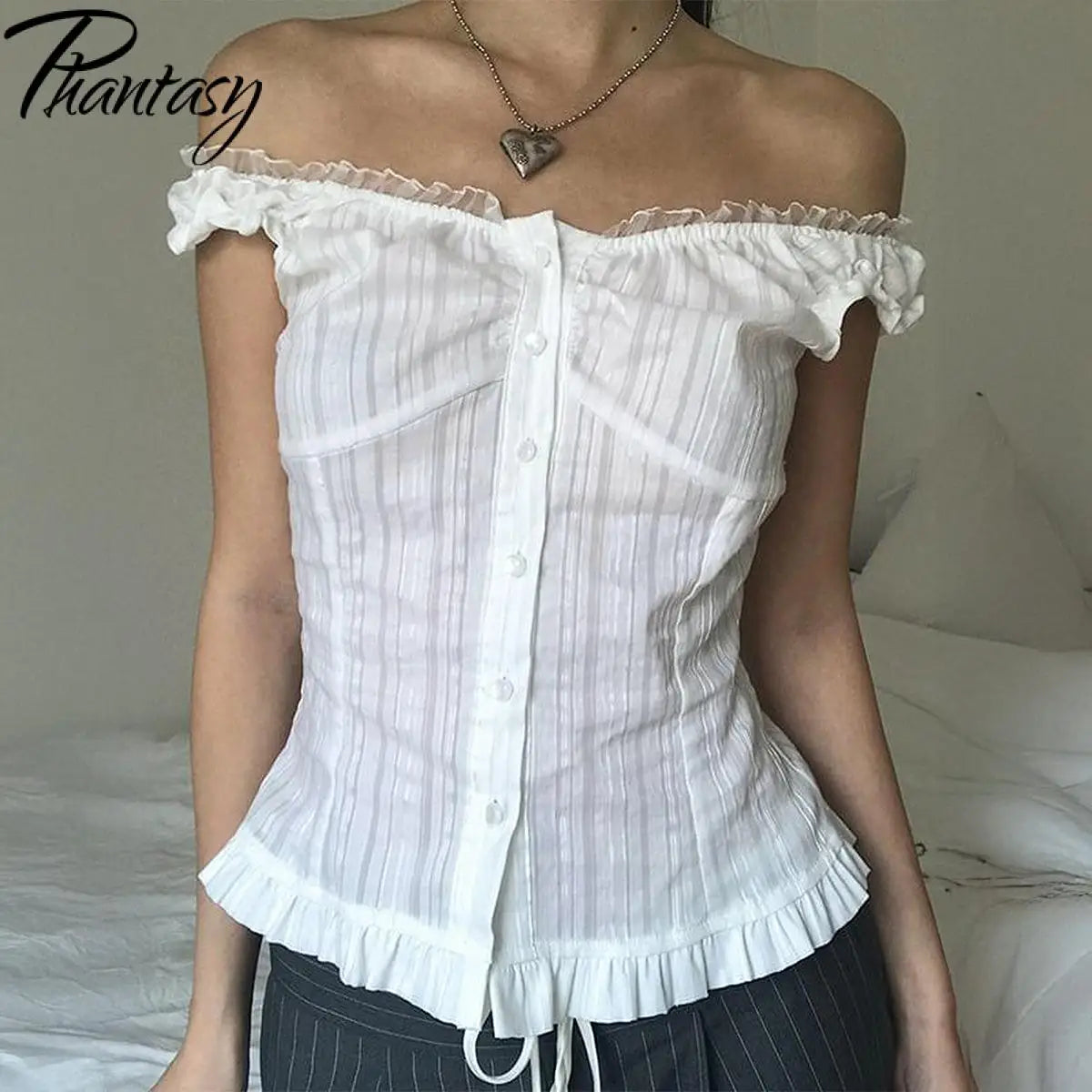 Phantasy Y2K Women Tops White Lace T-Shirt Button Tees Vintage French Style Tops 2025 Spring Summer Tops Female Streetwear