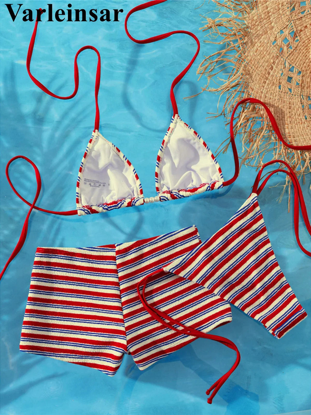 S - XL With Shorts Striped Halter Bikini Women Swimwear Female Swimsuit Three-pieces Bikini set Bather Bathing Suit Swim V8130