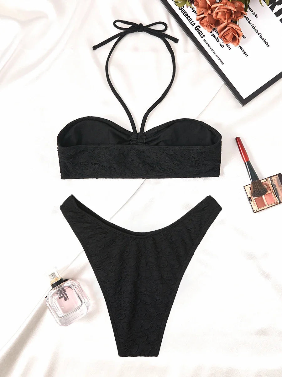 2025 Halter Bandeau Bikini Solid Swimwear Female Sexy Swimsuit Women Bathers Bathing Swimming Swim Suit Beachwear