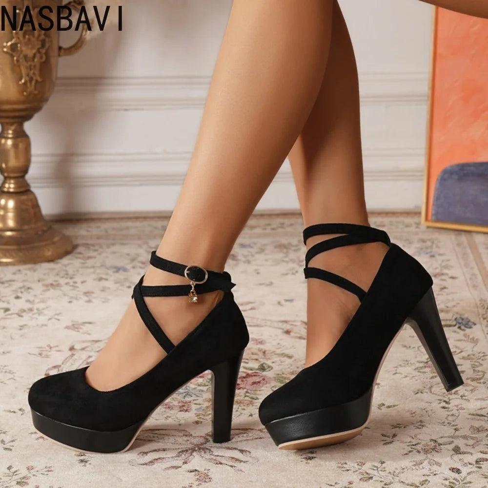 Large Size 42 Sexy Super High Heels Shoes for Women Ankle Buckle Chunky Platform Pumps Woman Black Flock Square Heel Party Shoes