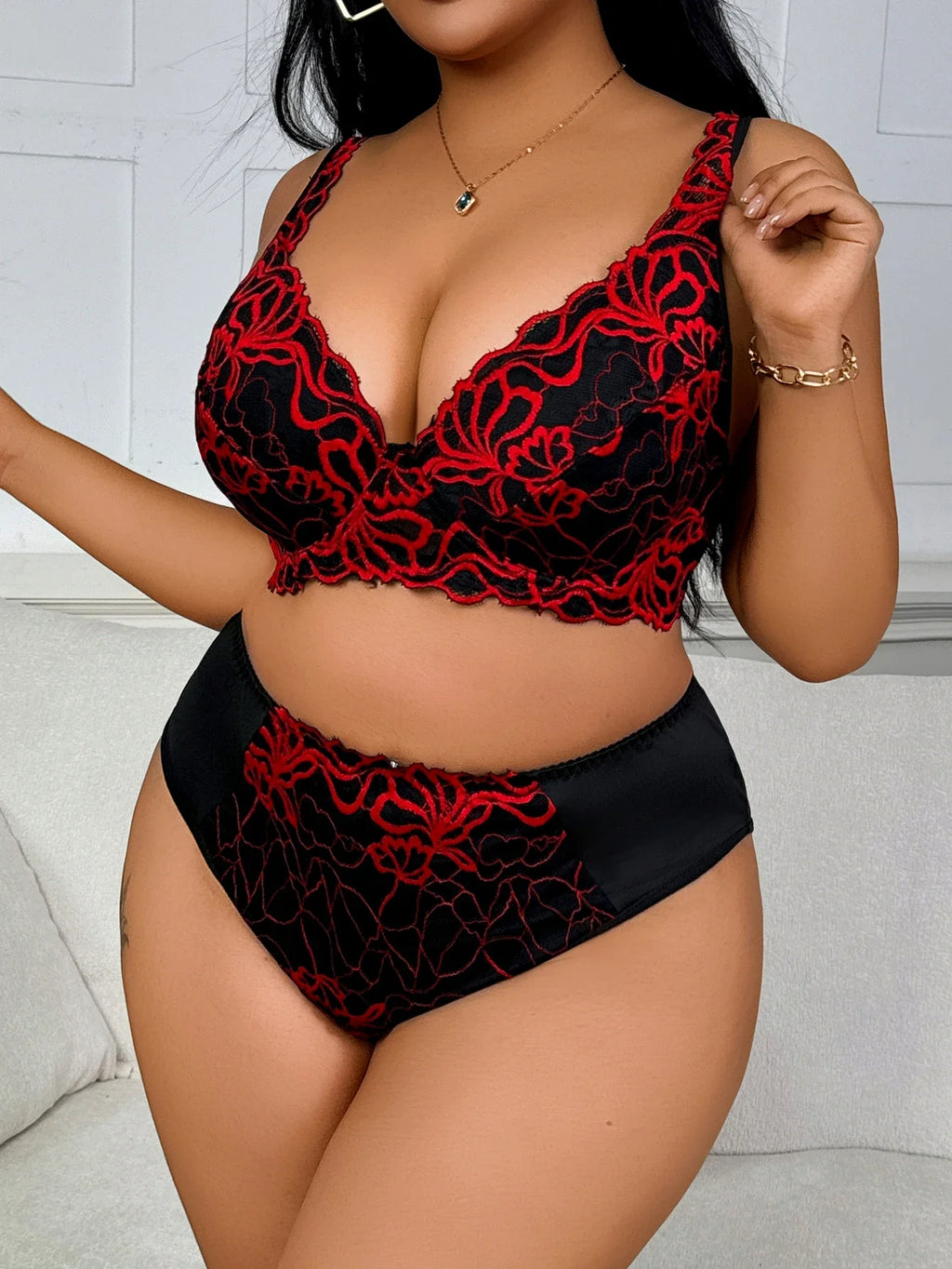 Black Red Embroidery Lingerie Set Sexy Wireless Bra Plus Size Push-Up Thin Breathable Seamless Adjustable
