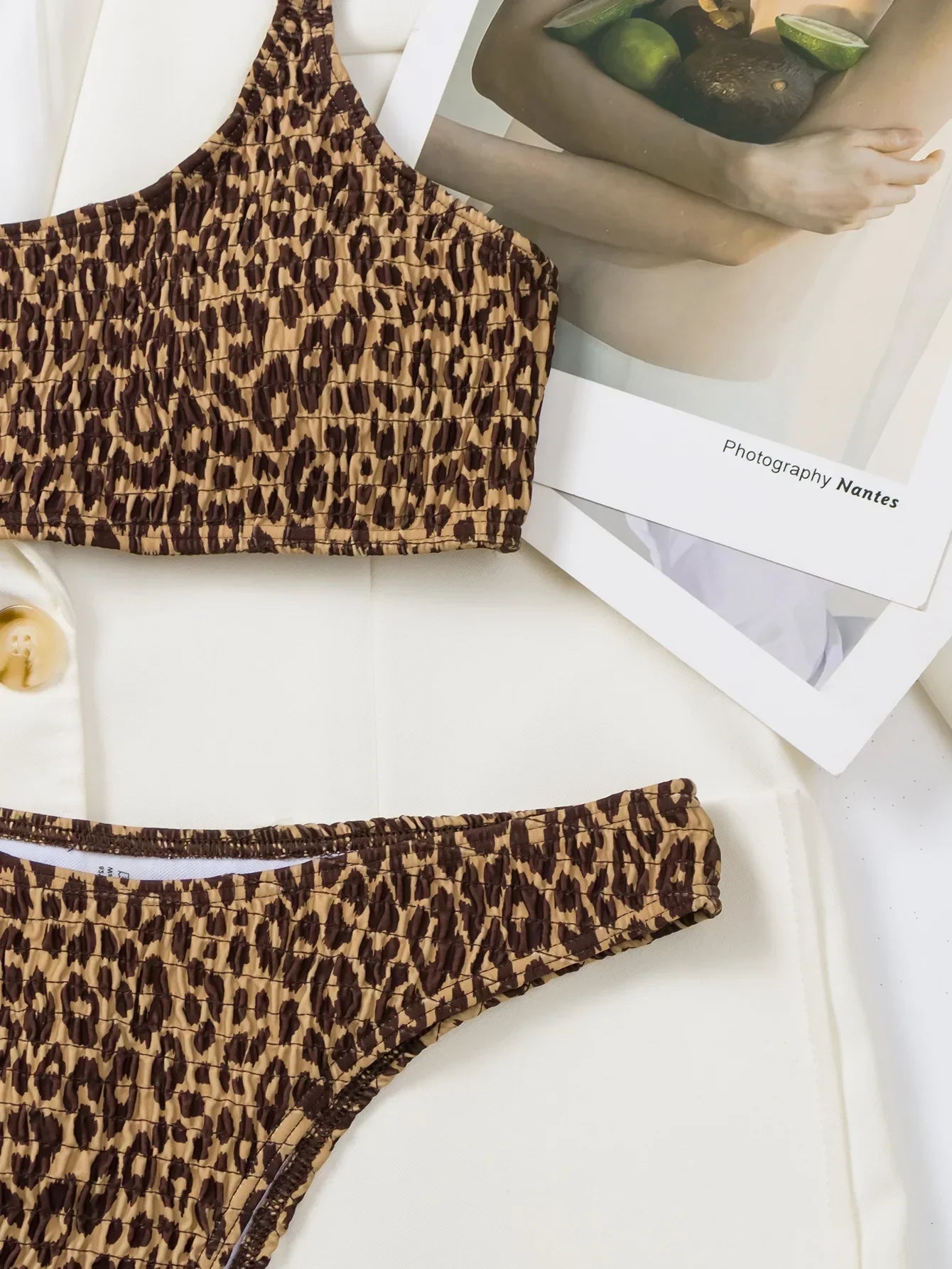 Sexy Wrinkled Bandeau Leopard Print Bikinis Sets Two Pieces Thong Swimsuits Beachwear Bathing Suit Swimwear Biquini