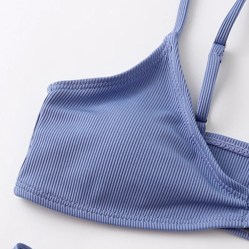 Sexy Ribbed Metal Rings High Cut Bikini Female Swimsuit Women Swimwear Two-pieces Bikini Set Micro Thong Bathing Suit Swim Lady