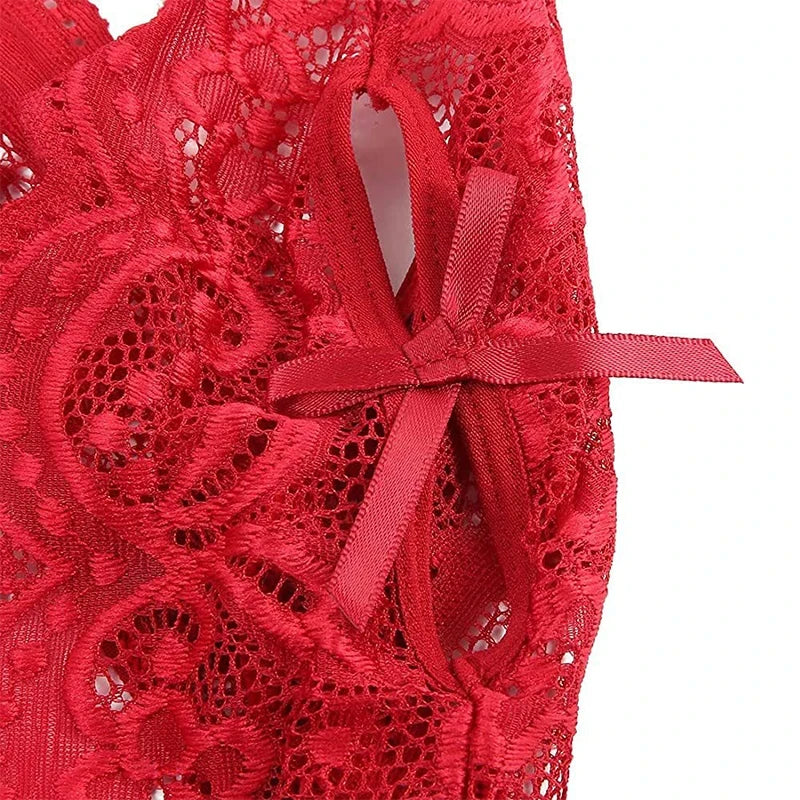 Women Sexy Lace Teddy Lingerie Deep V Mesh Sheer Bodysuit Backless Crotchless One Piece Babydoll Nightwear