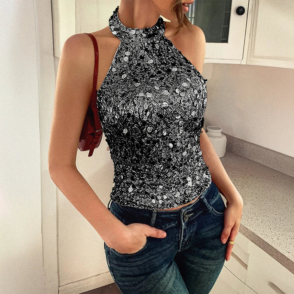 Phantasy Elegant Temperament Neck Sequin Camisole Women T-shirt Sexy Sleeveless Tank Top Female Clothes Tops 2025 Summer