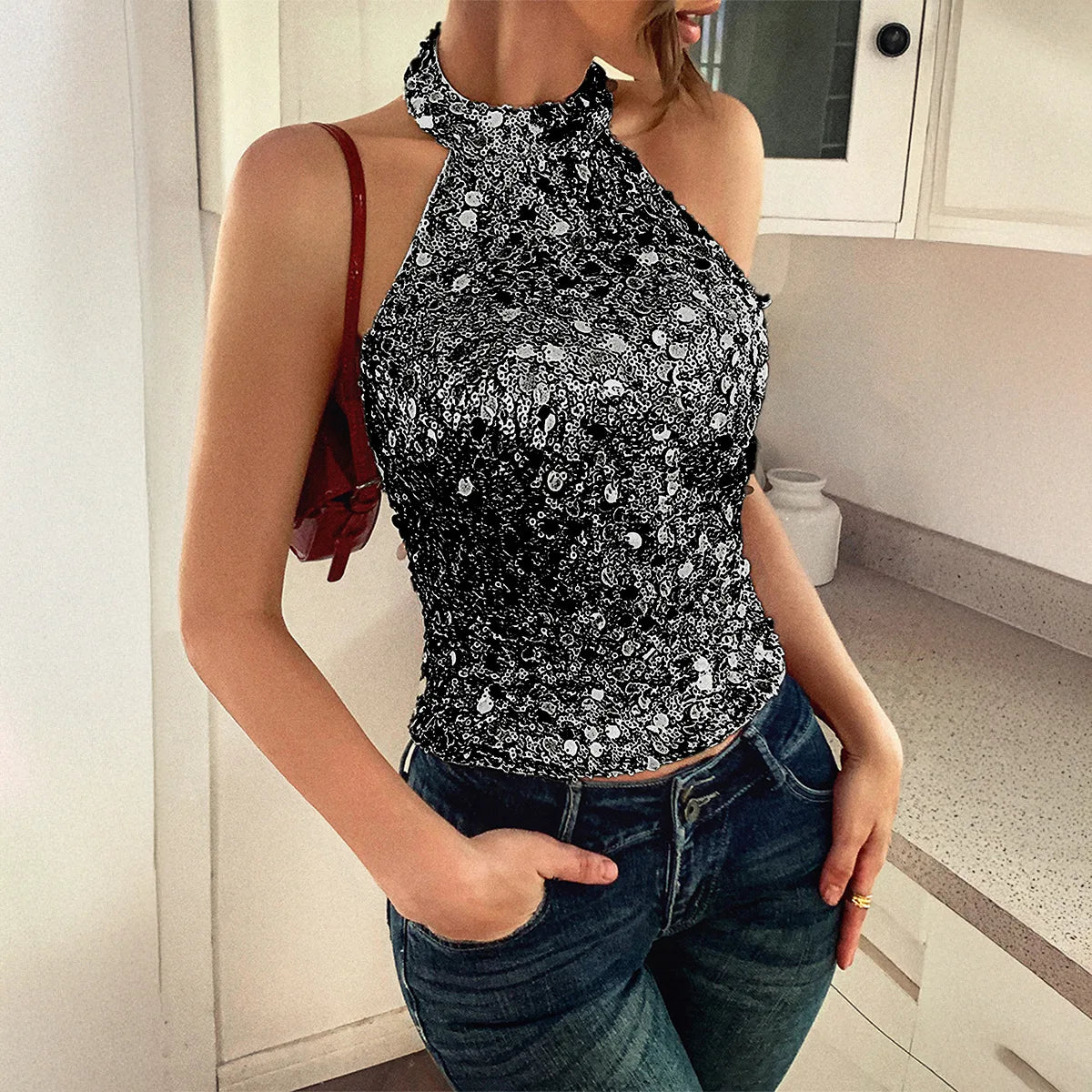 Phantasy Elegant Temperament Neck Sequin Camisole Women T-shirt Sexy Sleeveless Tank Top Female Clothes Tops 2025 Summer