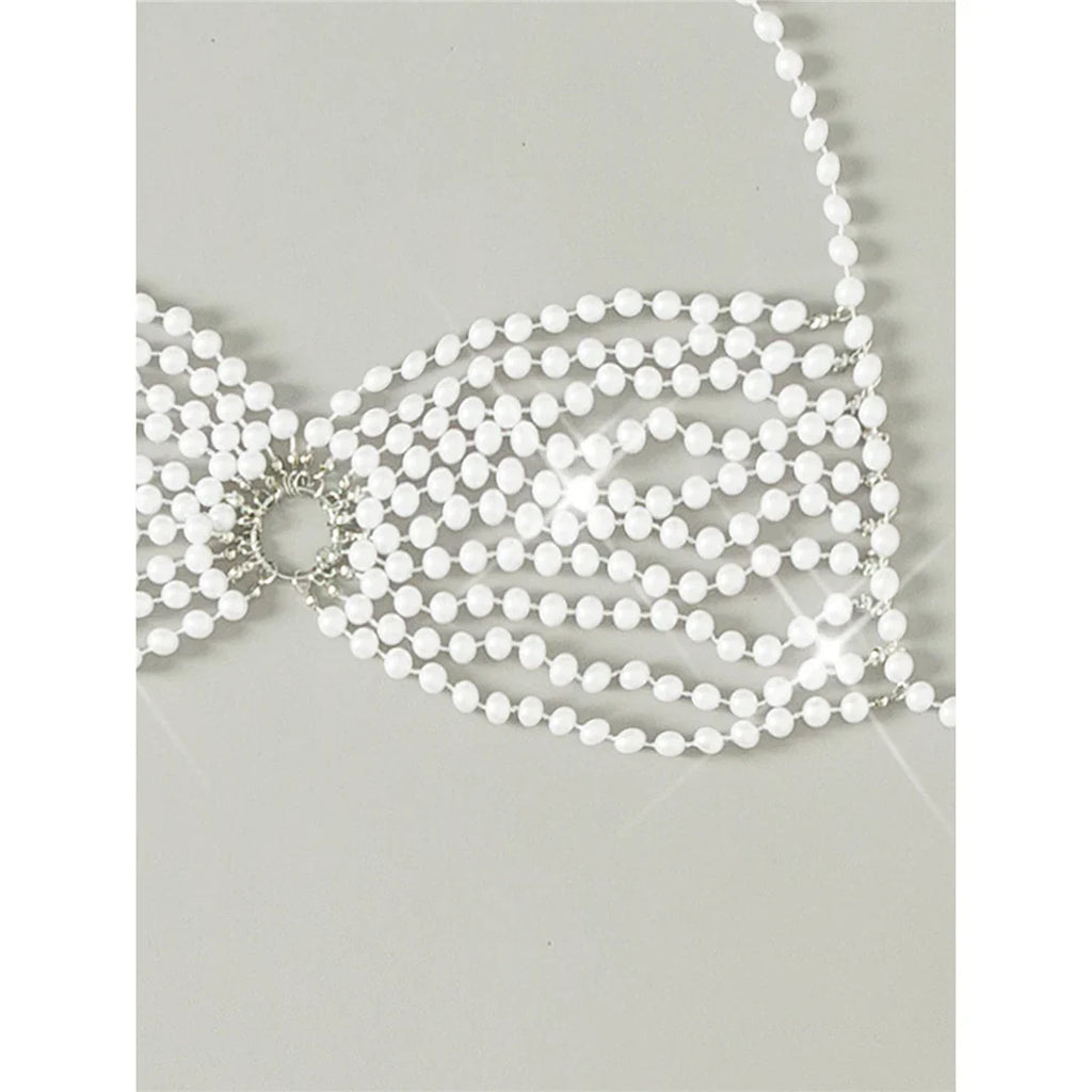 Luxury Pearls Halter Hollow Out See Through Bikini Top Female Swimsuit Women Swimwear Bather Bathing Suit Swim Beach Top V5409