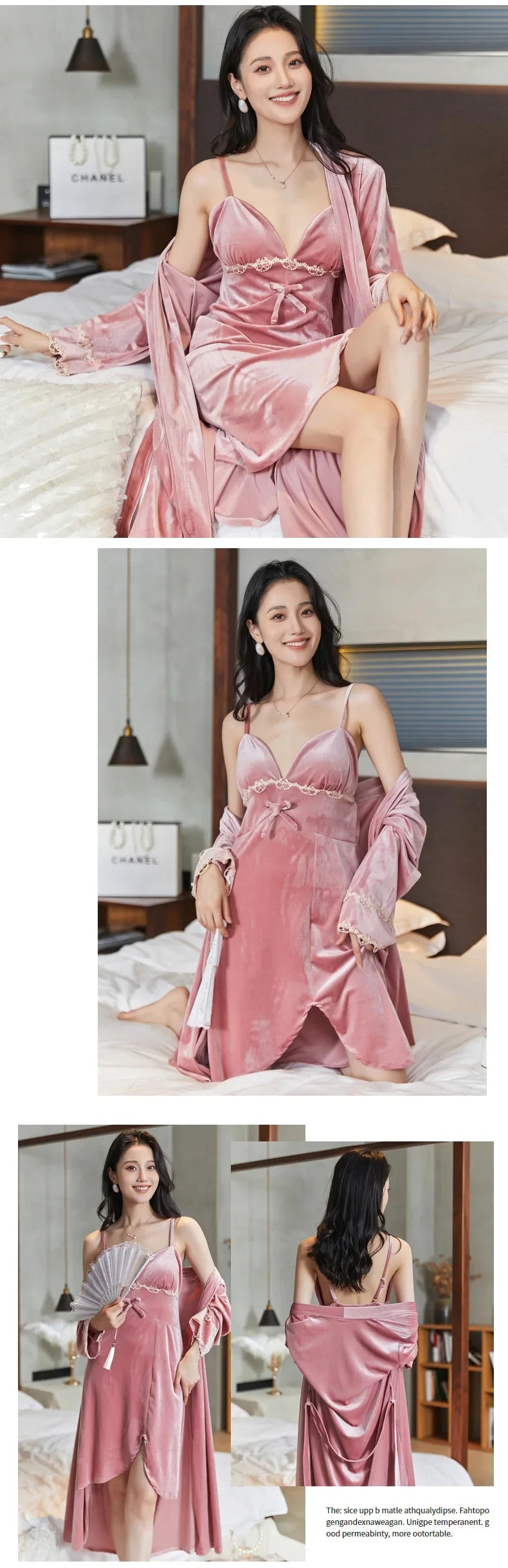 Gold velvet pajamas, autumn and winter sexy suspender nightgown, nightgown set with chest pad, large size home clothes